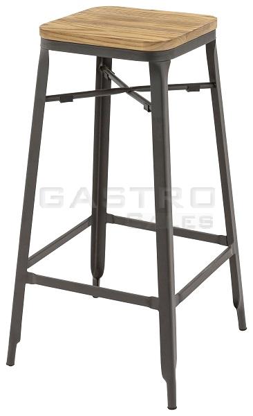 Gastronomiemöbel Hocker Santos, Metallgestell GunMetal, Holzsitz Ulme Natural, Metallbarhocker, Factory Industrie Design Barhocker
