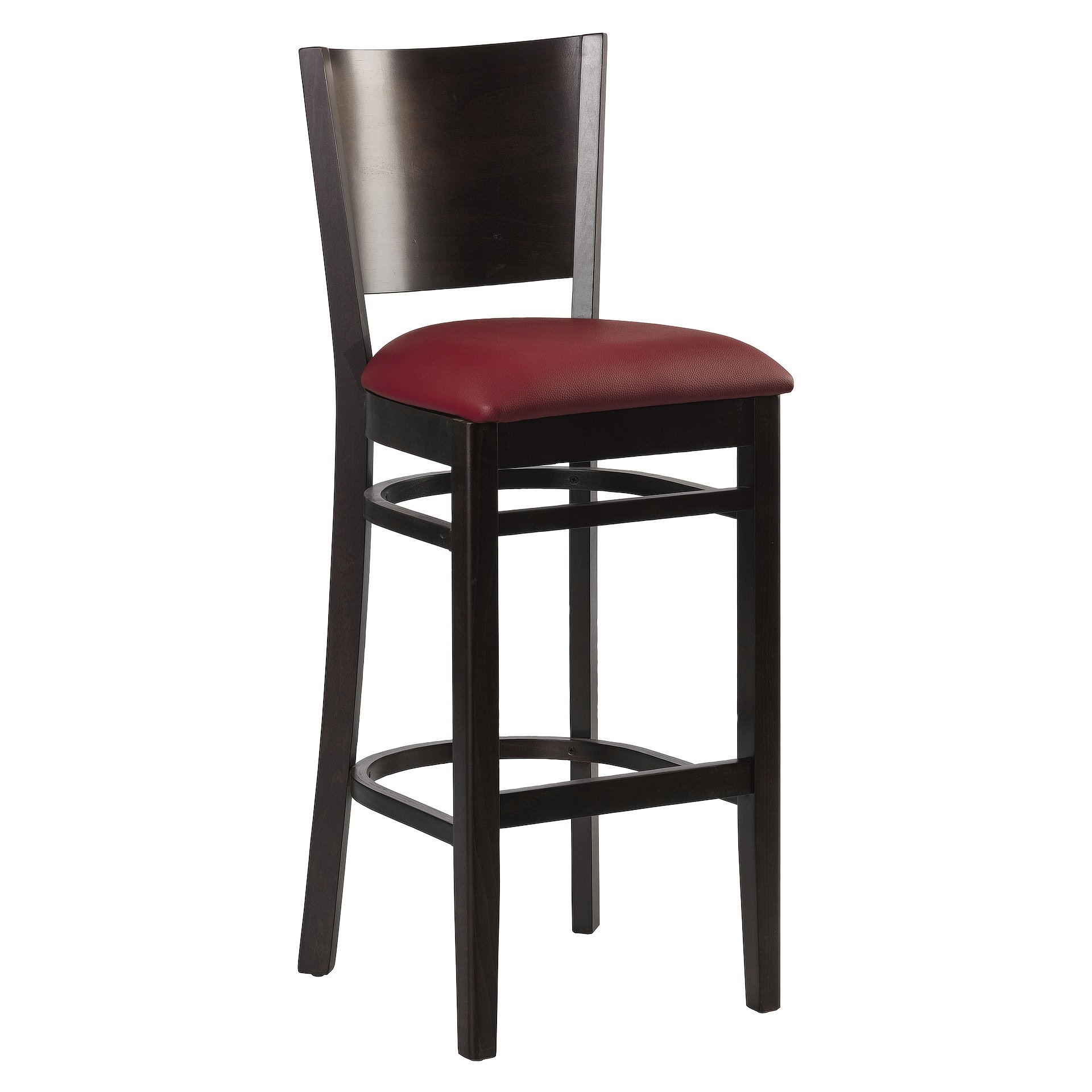 Hocker Eugen, Polster bordeaux, Nussbaum dunkel, Polsterbarhocker, Holzbarhocker