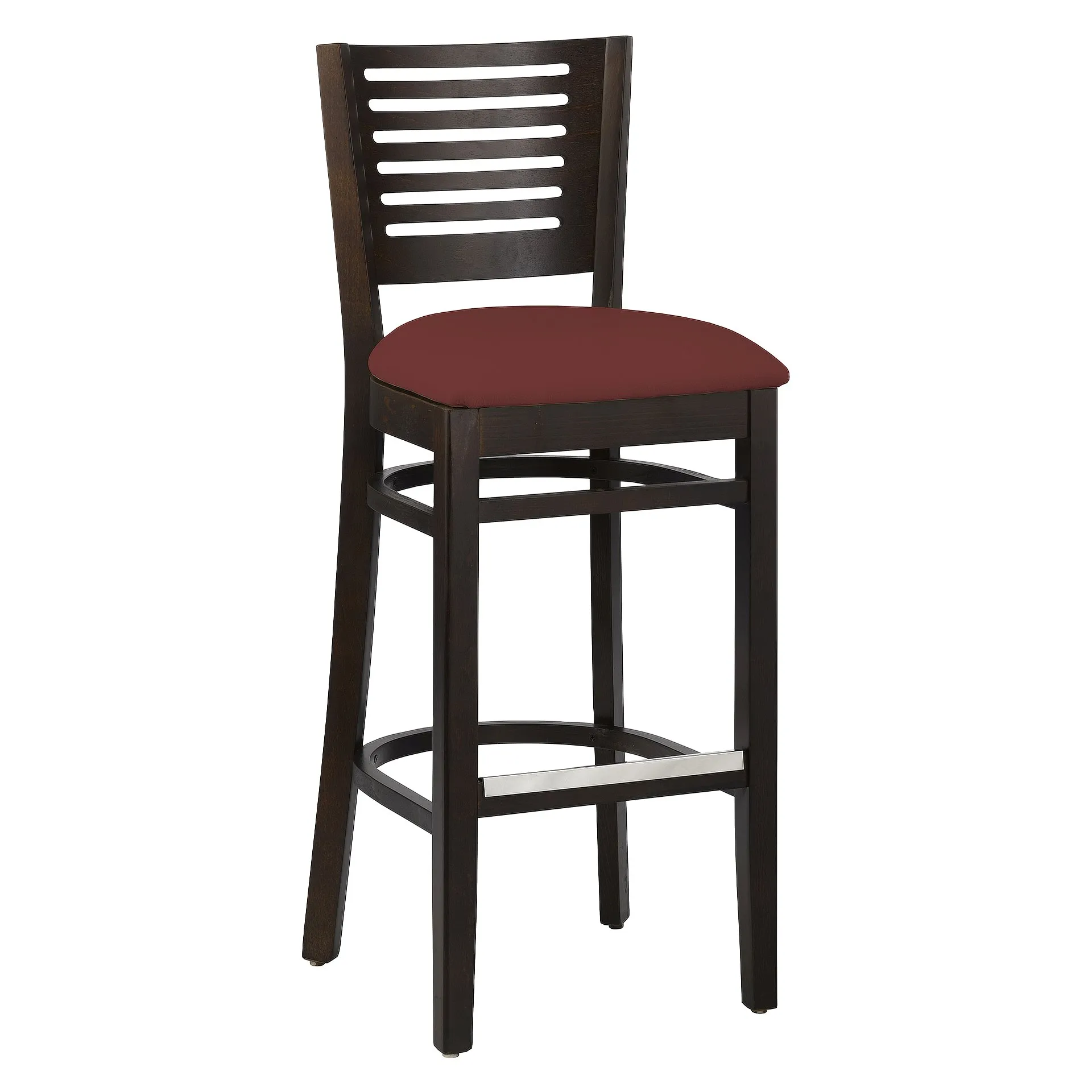 Hocker Victor, Polster bordeaux, Nussbaum dunkel, Polsterbarhocker, Holzbarhocker