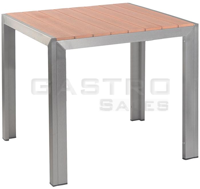 Terrassentisch Gregor 80x80, Polywood teak, Edelstahloptik, Terrassentisch, Outdoortisch