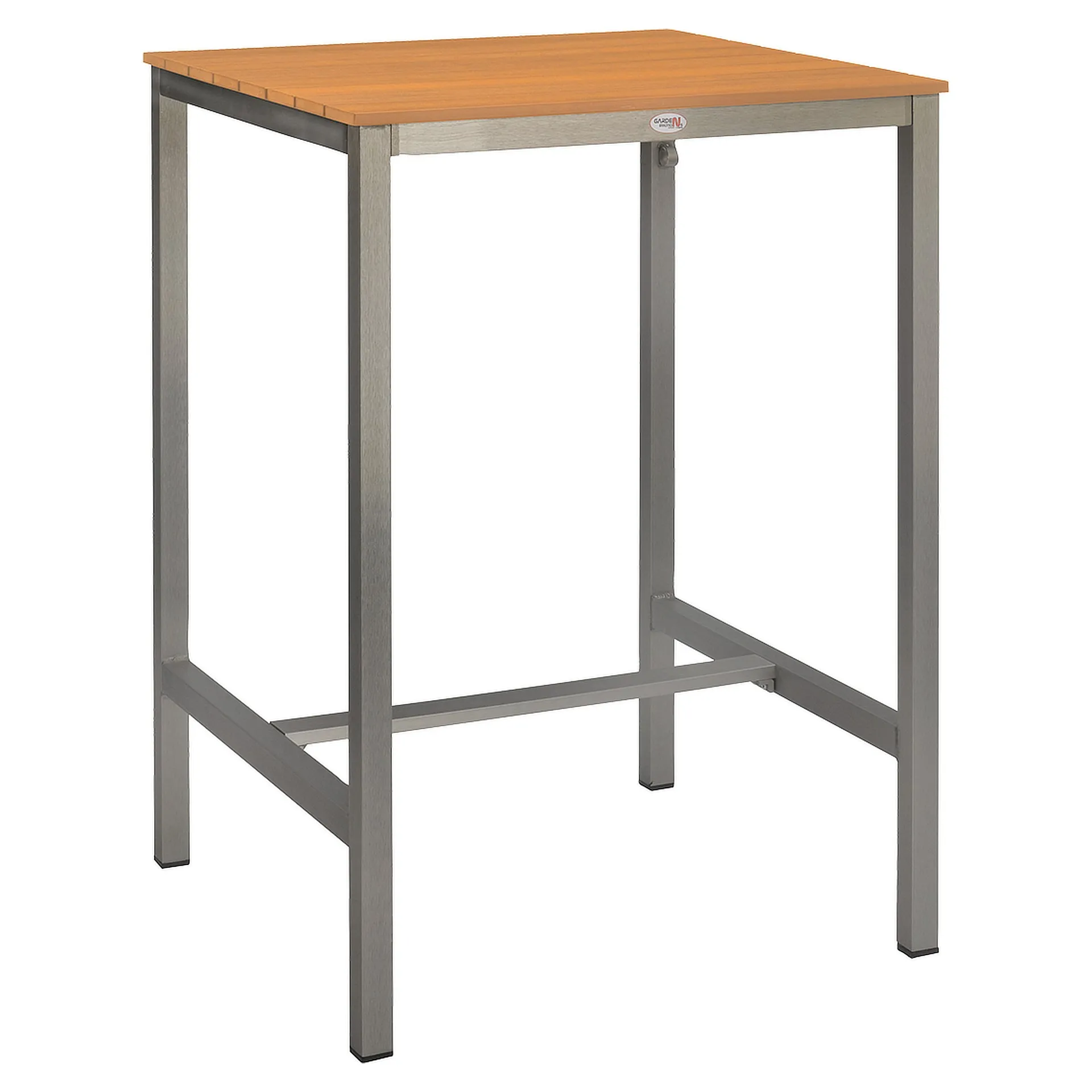 Tisch Gregor Bar 80x80, Polywood teak, Edelstahloptik, Terrassenstehtisch, Outdoorstehtisch